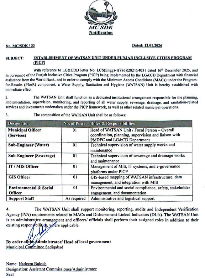 WATSAN Unit Operationalization in MCs  