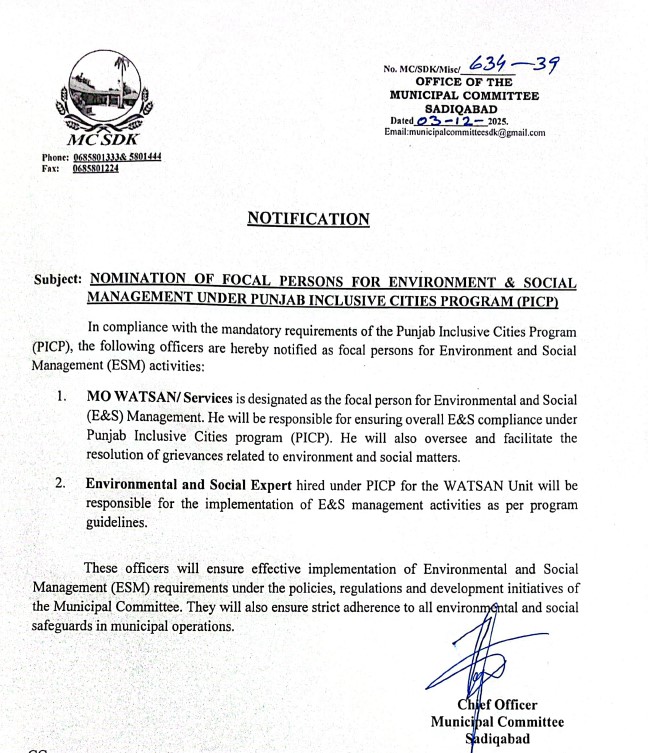 Nomination of Focal Persons for E&SM  